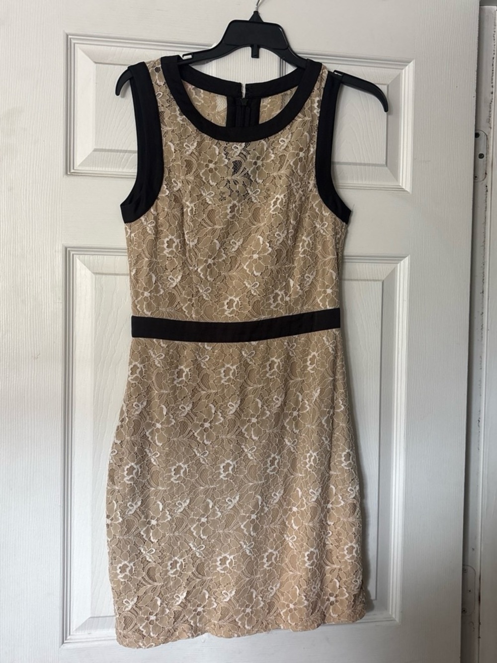 BCBG Beige Lace Mini Dress with Black Trim